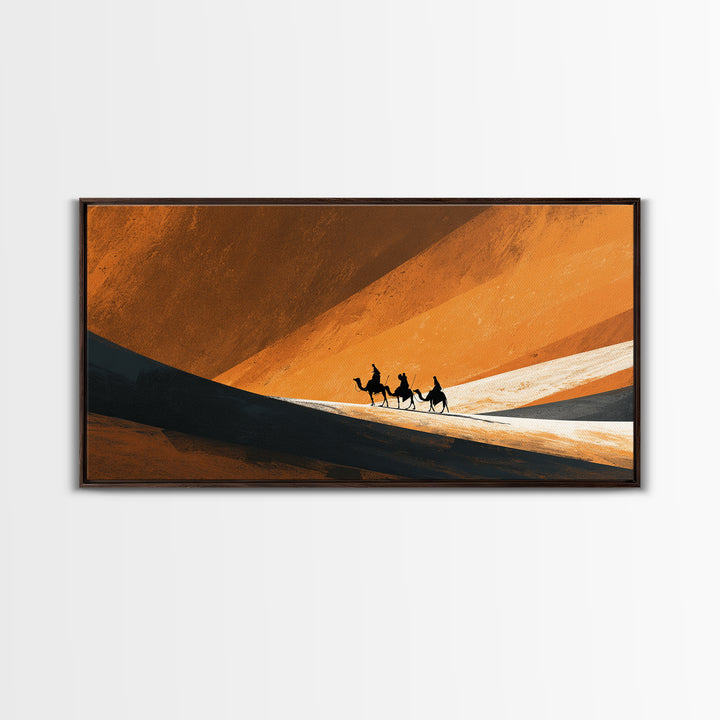Minimal Camel Riders In Orange Dunes Canvas Print, African Landscape Wall Art, Desert Travel Poster, Earth Tone Decor Gift