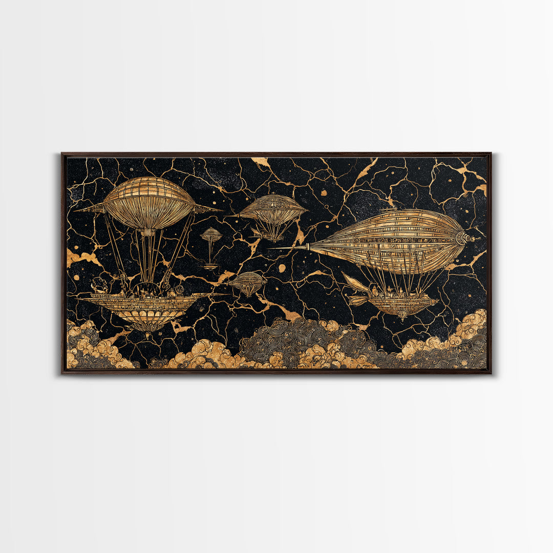 Gold Airship Fantasy Over Black Marble Wall Art, African Inspired Steampunk Canvas Print, Unique Statement Decor Gift For Office