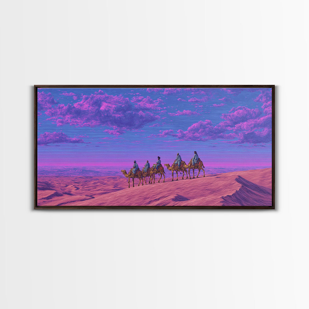 Purple Pink Camel Caravan Wall Art, Dreamy Desert Landscape Print, African Safari Art, Boho Travel Home Decor Gift For Living Room