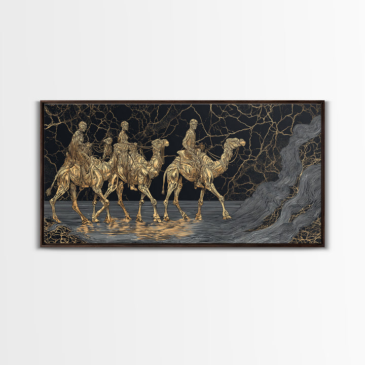 Gold Line Camel Riders Black Marble Wall Art, African Safari Canvas Print, Tribal Desert Decor, Modern Statement Gift For Home