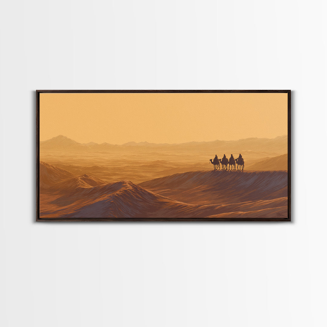 Golden Desert Caravan Silhouette Wall Art, African Landscape, Sahara Travel Poster, Earth Tone Wall Decor, Living Room Art