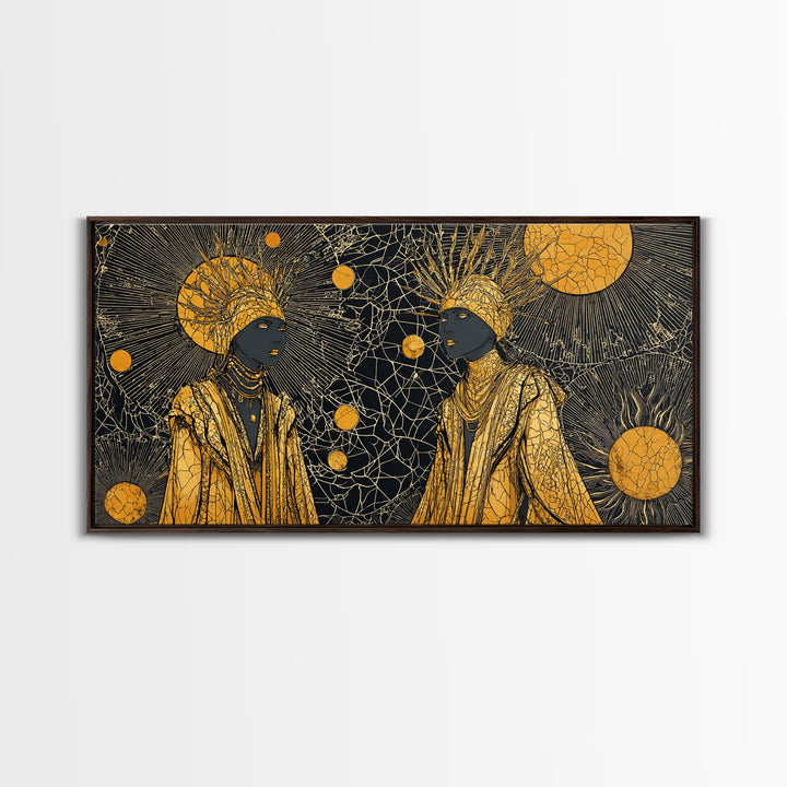 Two Regal African Women Canvas Print, Gold Celestial Portrait, Black Woman Art, Afrocentric Wall Art, Elegant Home Decor
