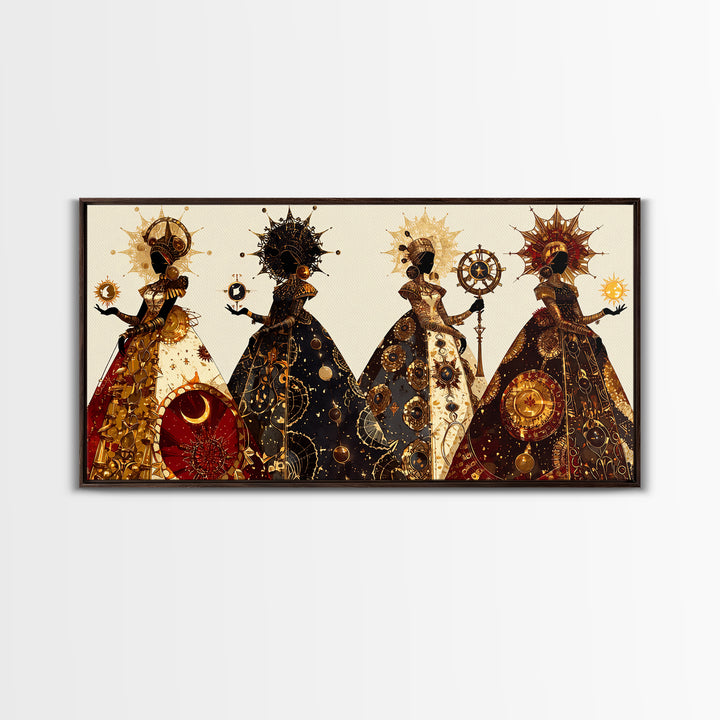 Four Celestial African Queens Framed Canvas Print, Black Goddess Art, Gold Spiritual Wall Decor, Afrocentric Artwork Gift