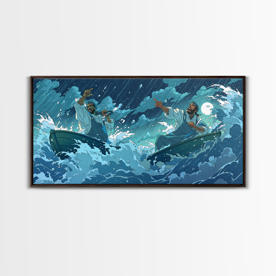 Stormy Sea Boatmen Wall Art, Blue Ocean Waves, African Inspired Spiritual Art, Fishermen Canvas, Dramatic Home Decor Gift