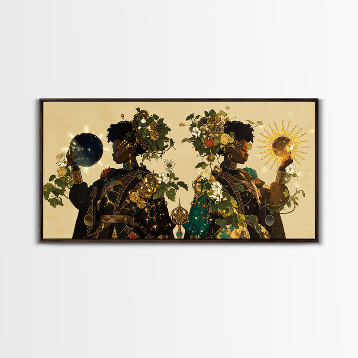 Celestial African Queens With Sun And Moon Framed Canvas Print, Afrocentric Wall Decor, Black Goddess Portrait Art Gift For Her