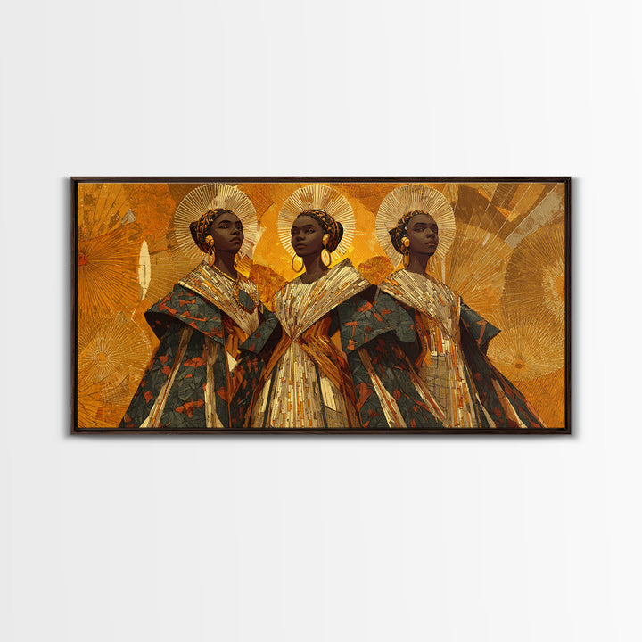 Three Regal African Women In Gold Halos Framed Canvas Print, African Wall Art, Black Queen Portrait, Afrocentric Decor Gift