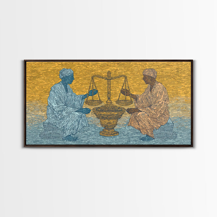 African Elders With Scales Of Justice Canvas Print, Cultural Wall Art, Legal Office Decor, Tribal Wisdom Art Gift For Him