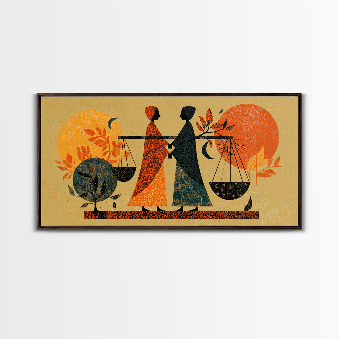 African Women Carrying Scales At Sunset Wall Art, Canvas Print, Afrocentric Decor, Cultural Justice Artwork Gift For Her