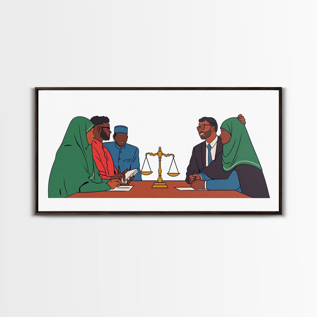 Muslim Family Mediation With Golden Scales Wall Art, Canvas Print, Legal Office Decor, Cultural Meeting Room Artwork Gift