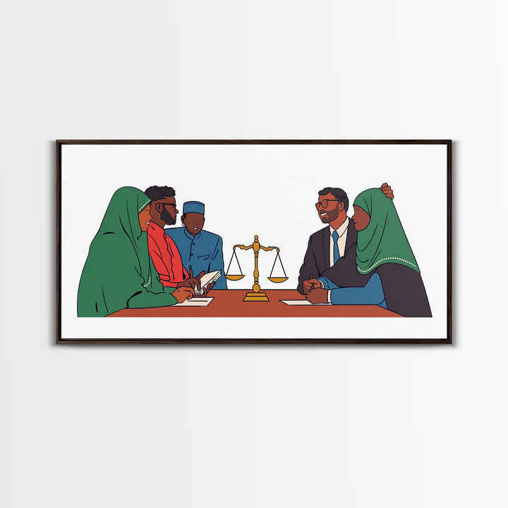 Muslim Family Mediation With Golden Scales Wall Art, Canvas Print, Legal Office Decor, Cultural Meeting Room Artwork Gift