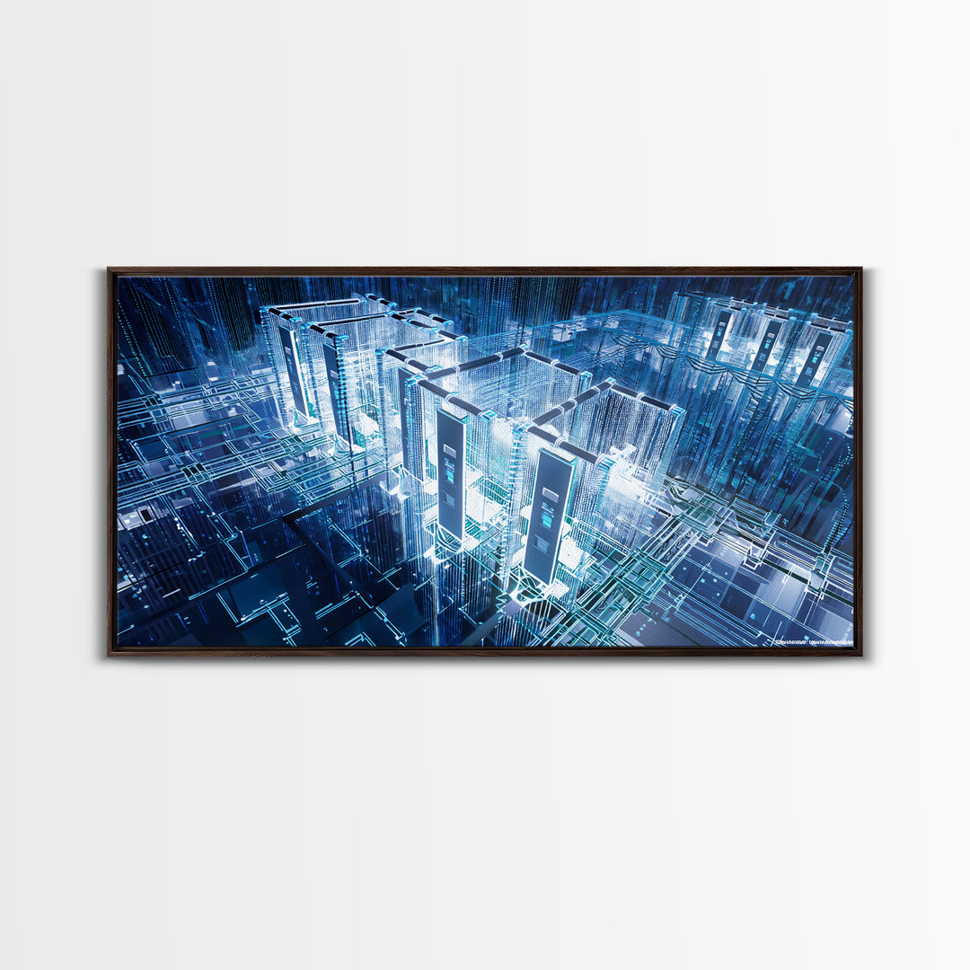 Blue Afrofuturist Data City, Glowing Digital Towers Wall Art, Modern African Abstract, Tech Office Decor, Unique Canvas Gift