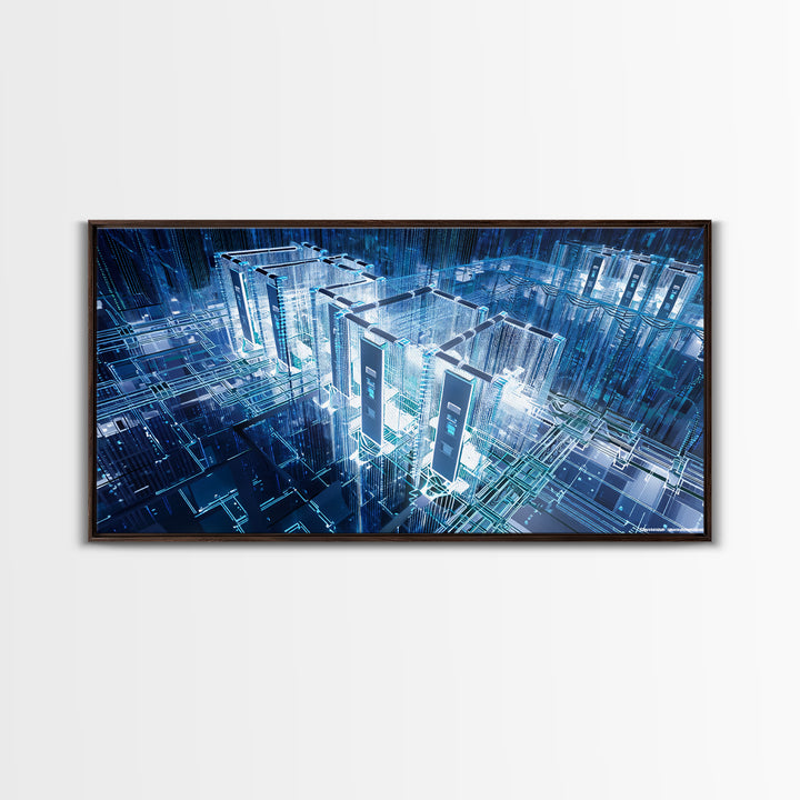Blue Afrofuturist Data City, Glowing Digital Towers Wall Art, Modern African Abstract, Tech Office Decor, Unique Canvas Gift