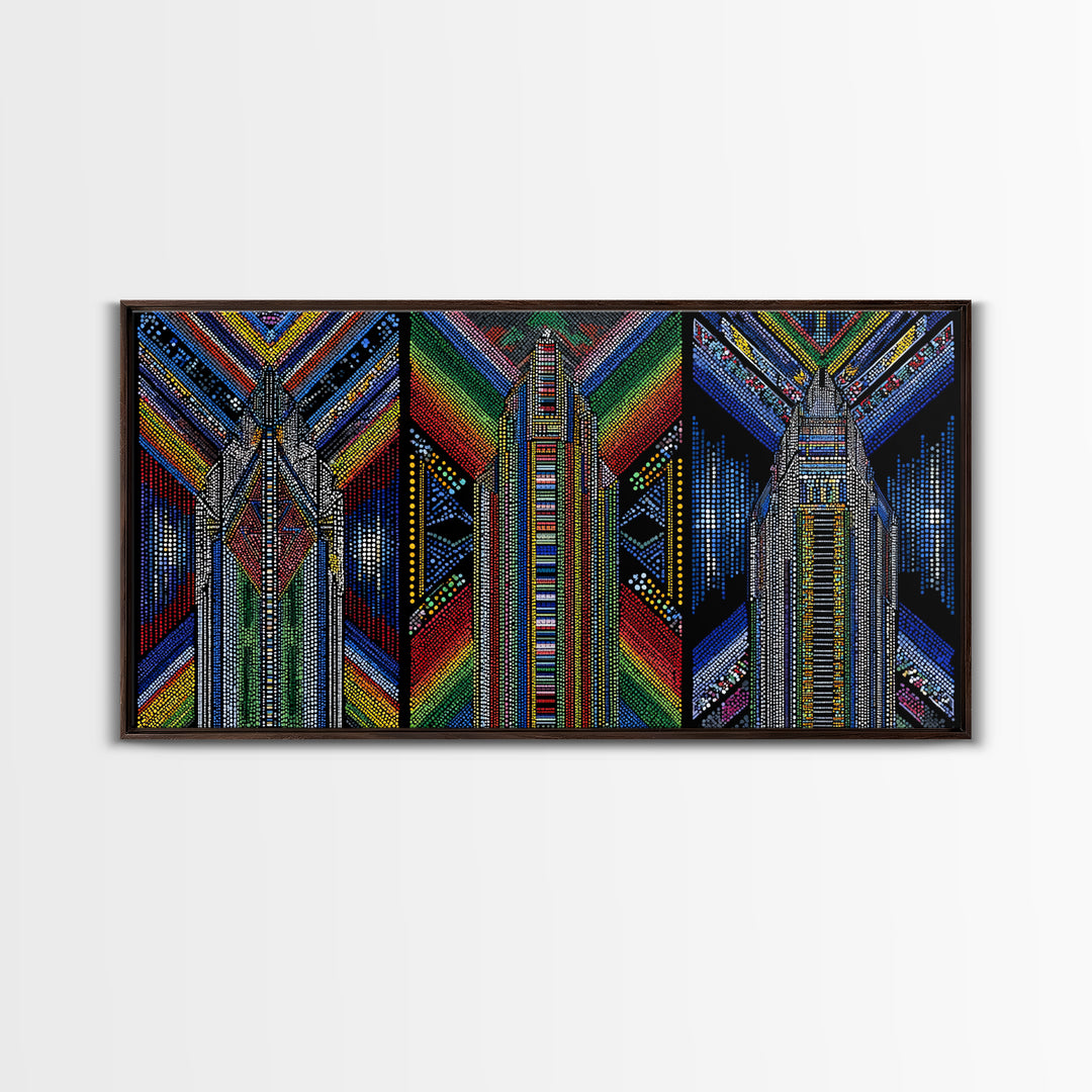 Geometric Beadwork Triptych Towers Wall Art, Abstract African Art, Ankara Pattern Decor, Modern Tribal Canvas Print Gift