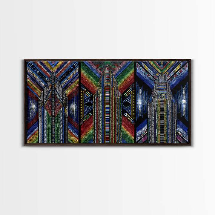 Geometric Beadwork Triptych Towers Wall Art, Abstract African Art, Ankara Pattern Decor, Modern Tribal Canvas Print Gift