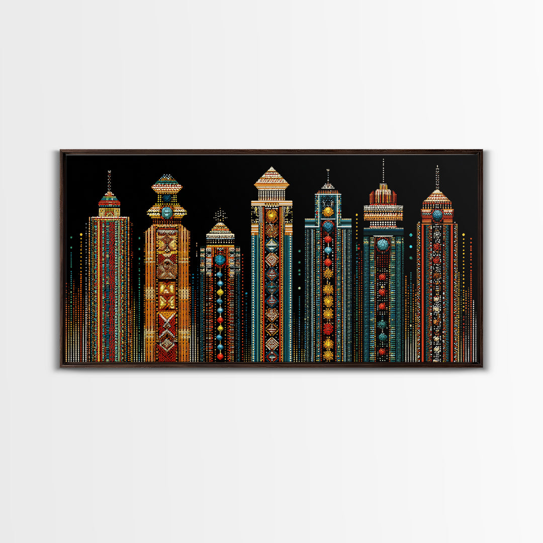 Ornate African Futurist Towers Framed Canvas Print, Tribal Pattern Wall Art, Black Culture Art, Elegant Home Decor, Unique Gift
