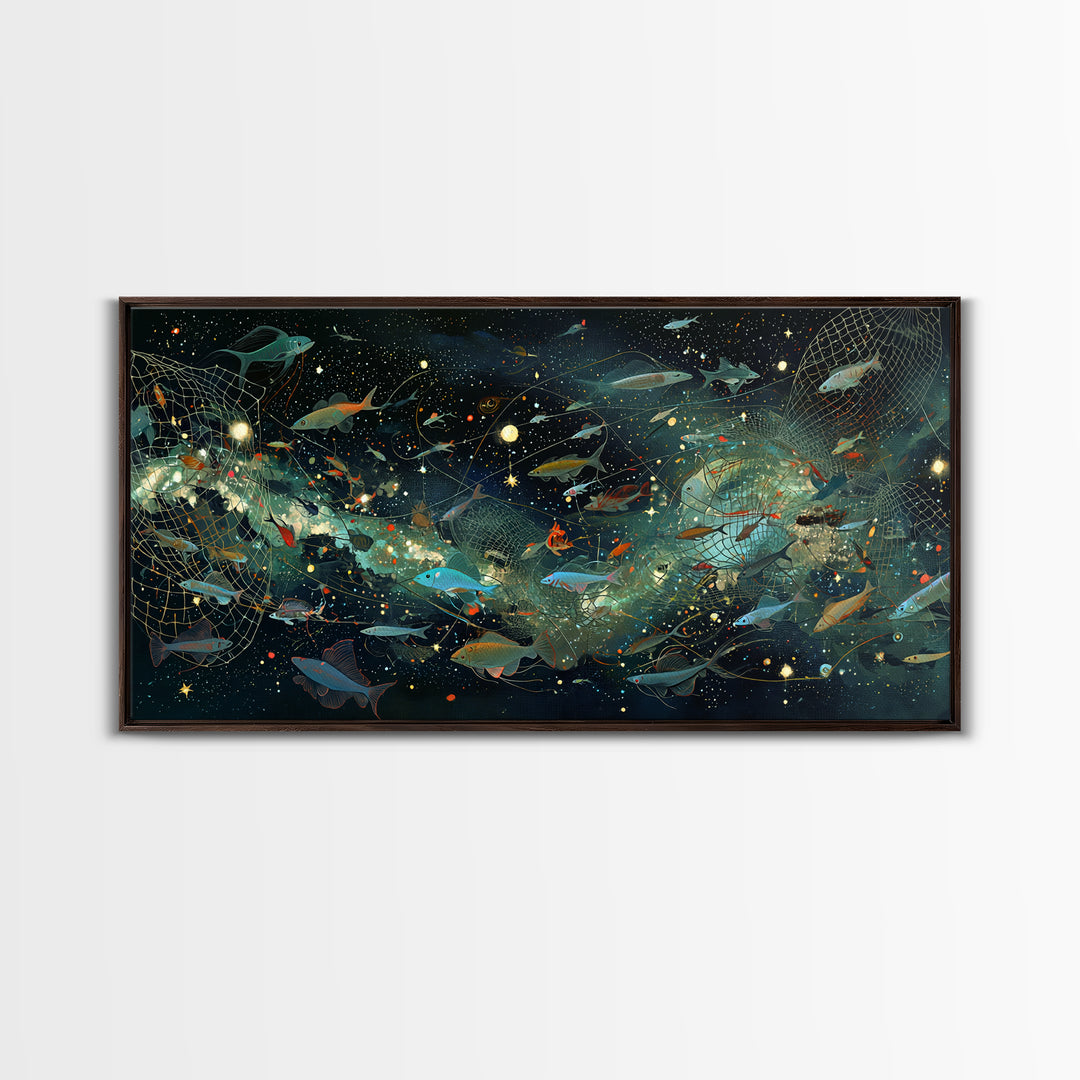 Cosmic Underwater Fish Galaxy Wall Art, Dreamy Ocean Canvas Print, African Inspired Nature Scene Art, Teal Modern Decor Gift