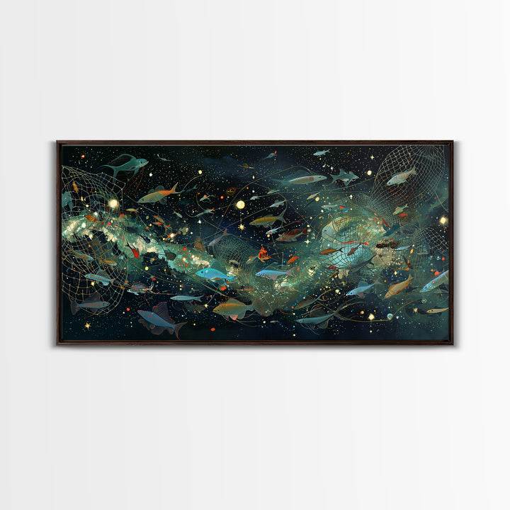 Cosmic Underwater Fish Galaxy Wall Art, Dreamy Ocean Canvas Print, African Inspired Nature Scene Art, Teal Modern Decor Gift