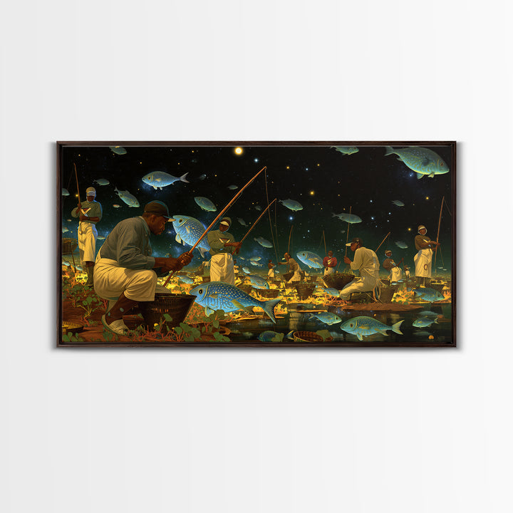 Black Fishermen Under Starry Fish Sky Canvas Print, African Wall Art, Afrocentric Culture Art, Magical Night Decor, Unique Gift