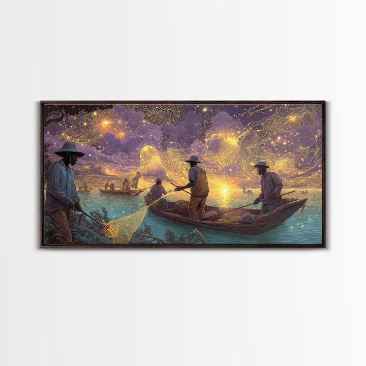 Golden Sunset Fishermen And Glowing Nets Wall Art, African Inspired Landscape, Black Culture Art, Serene Boat Canvas Print