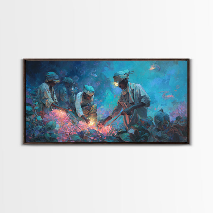 Blue Coral Harvest Divers Framed Canvas Print, African Ocean Wall Art, Contemporary Nature Scene, Unique Home Decor Gift