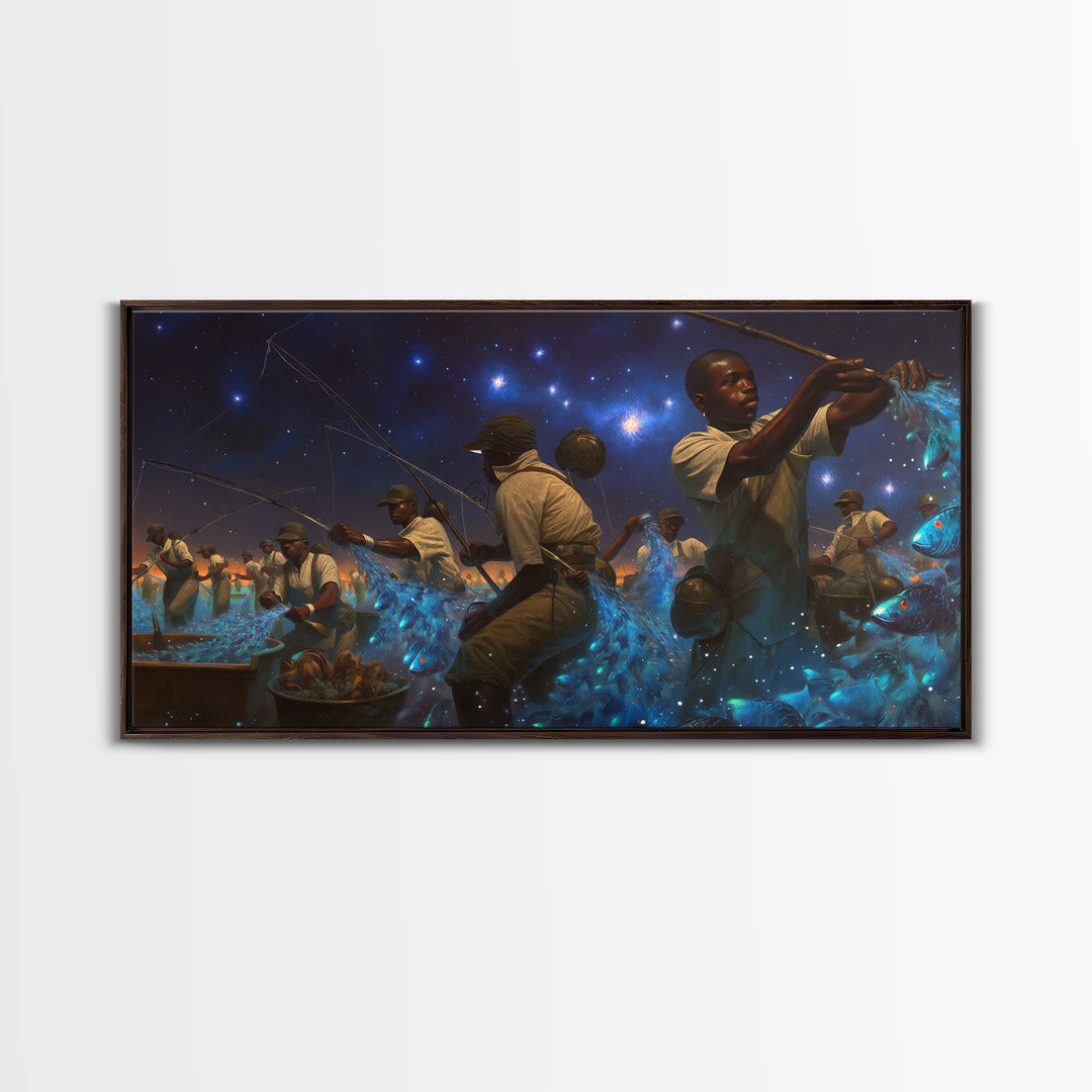 Starlit African Night Fishermen With Glowing Blue Fish Canvas Print, Afrocentric Wall Decor, Black Culture Art, Unique Home Decor