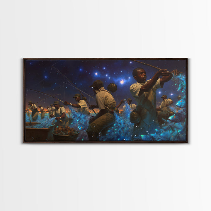 Starlit African Night Fishermen With Glowing Blue Fish Canvas Print, Afrocentric Wall Decor, Black Culture Art, Unique Home Decor