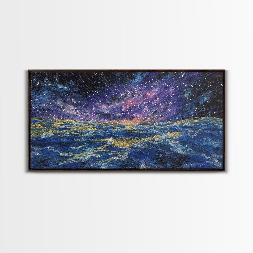 Galaxy Ocean Waves Under Starry Sky Canvas Print, Abstract Wall Art, Blue Gold Seascape, Dreamy Modern Home Decor, Large Decor Art