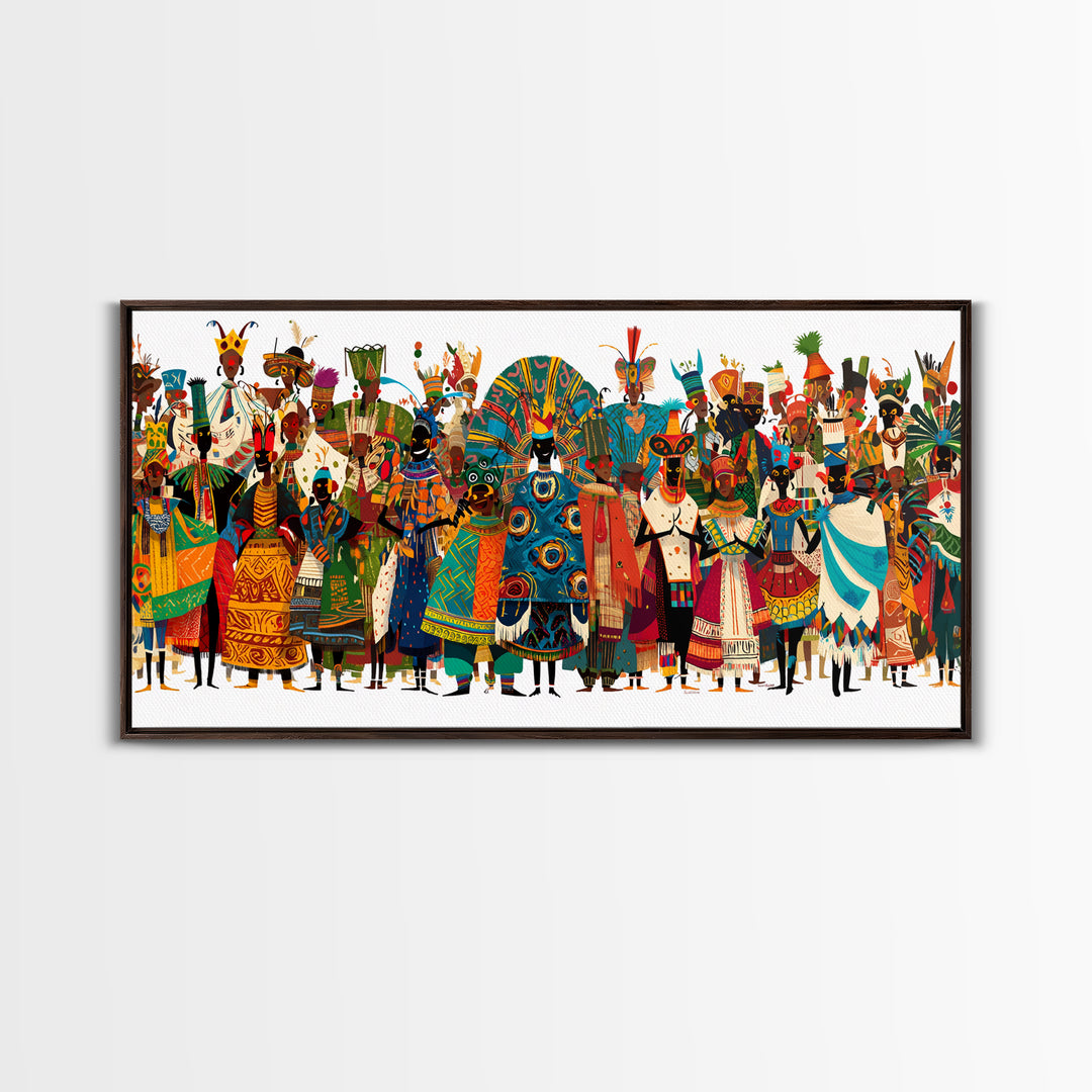 Vibrant African Tribal Festival Crowd With Masks Canvas Print, Afrocentric Wall Art, Colorful African Art, Cultural Decor