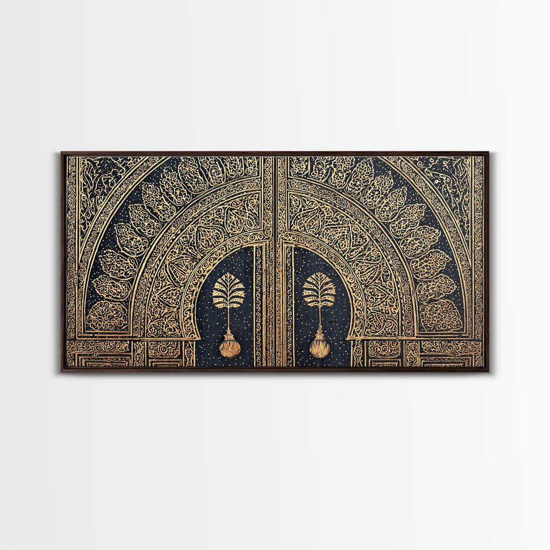 Gold Ornate African Arch Door With Palm Motifs Framed Canvas Print, Moroccan Wall Decor, Cultural Home Decor, Black Gold Art
