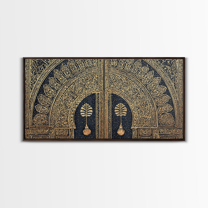 Gold Ornate African Arch Door With Palm Motifs Framed Canvas Print, Moroccan Wall Decor, Cultural Home Decor, Black Gold Art