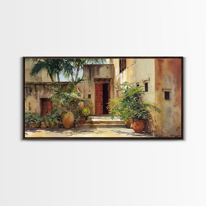 Sunlit African Courtyard With Red Door Wall Art, Tropical Village Painting, African Wall Decor, Boho Home Decor Gift For Her