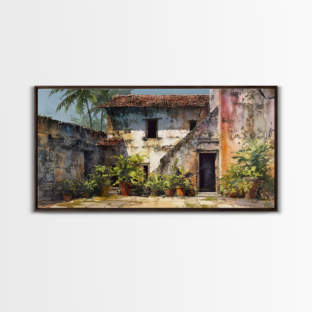 Weathered Blue African Courtyard Wall Art, Rustic Village Painting, African Home Decor, Cultural Wall Decor For Living Room