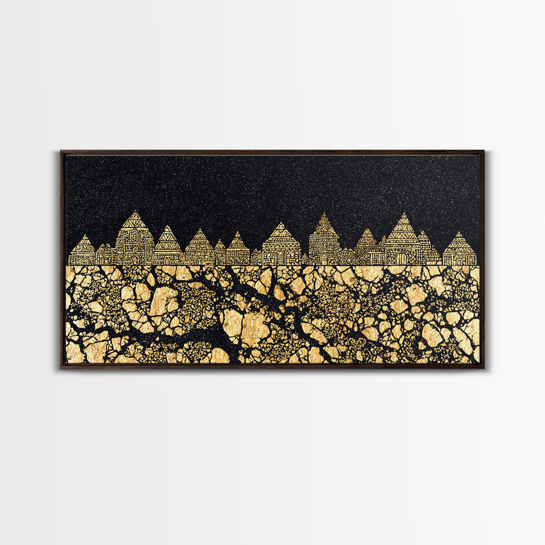 Golden Tribal Village Under Stars Canvas Print, African Tribal Art, Black And Gold Art, Cultural Wall Decor, Statement Piece