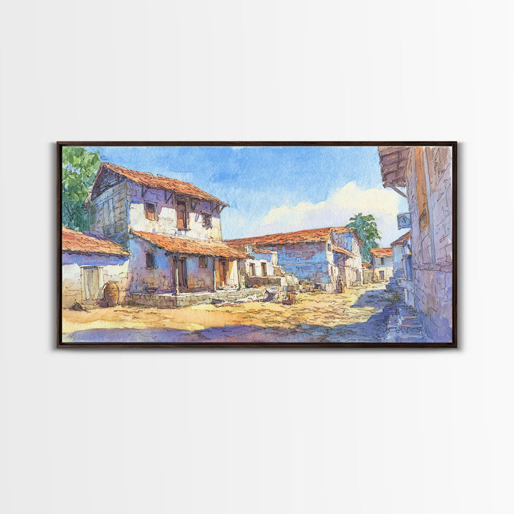 Sunlit African Village Street Wall Art, Rustic Blue Houses Painting, African Landscape, Cultural Home Decor, Large Wall Art