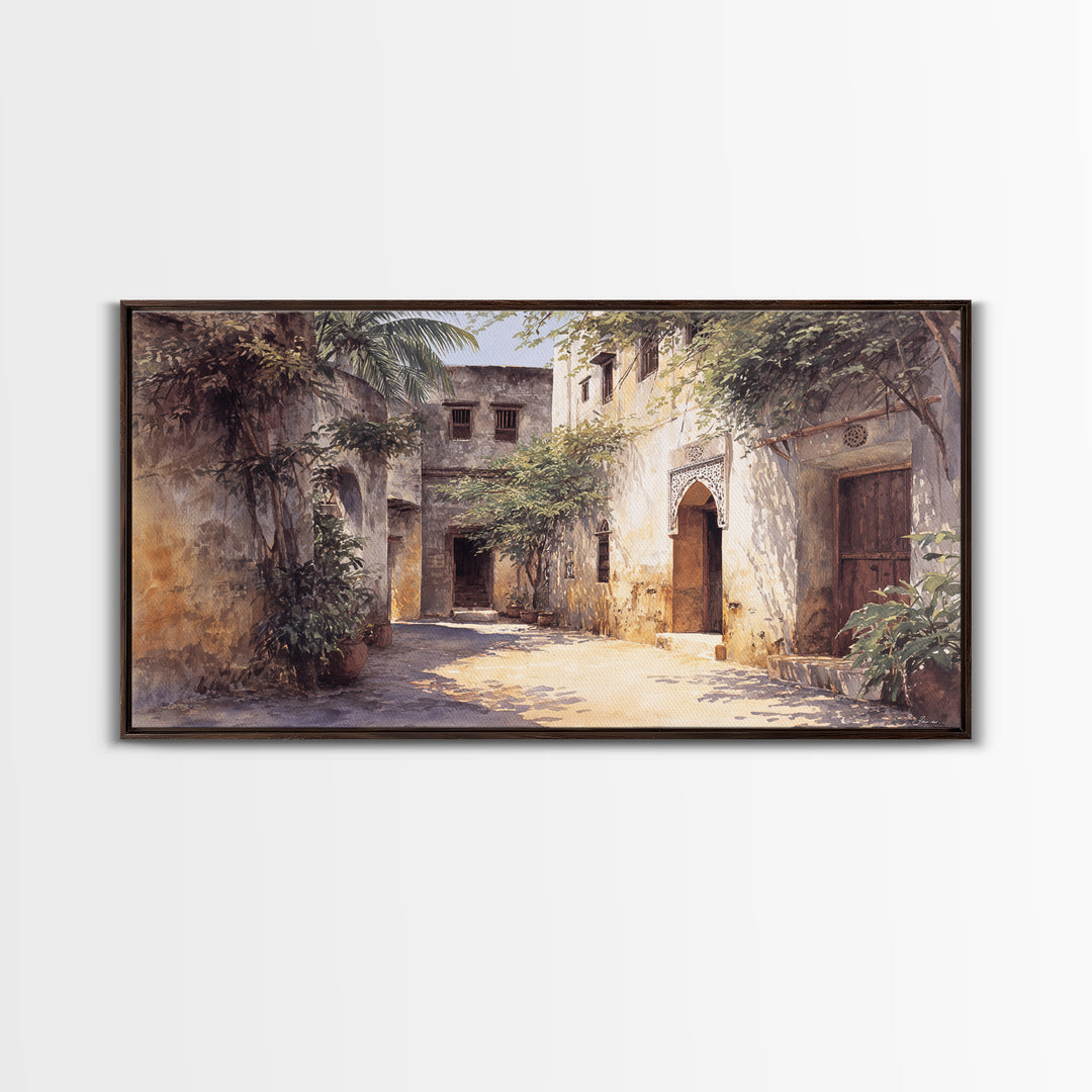 Shaded Tropical African Courtyard Wall Art, Old Stone Doorway Painting, African Home Decor, Boho Wall Decor, Unique Gift