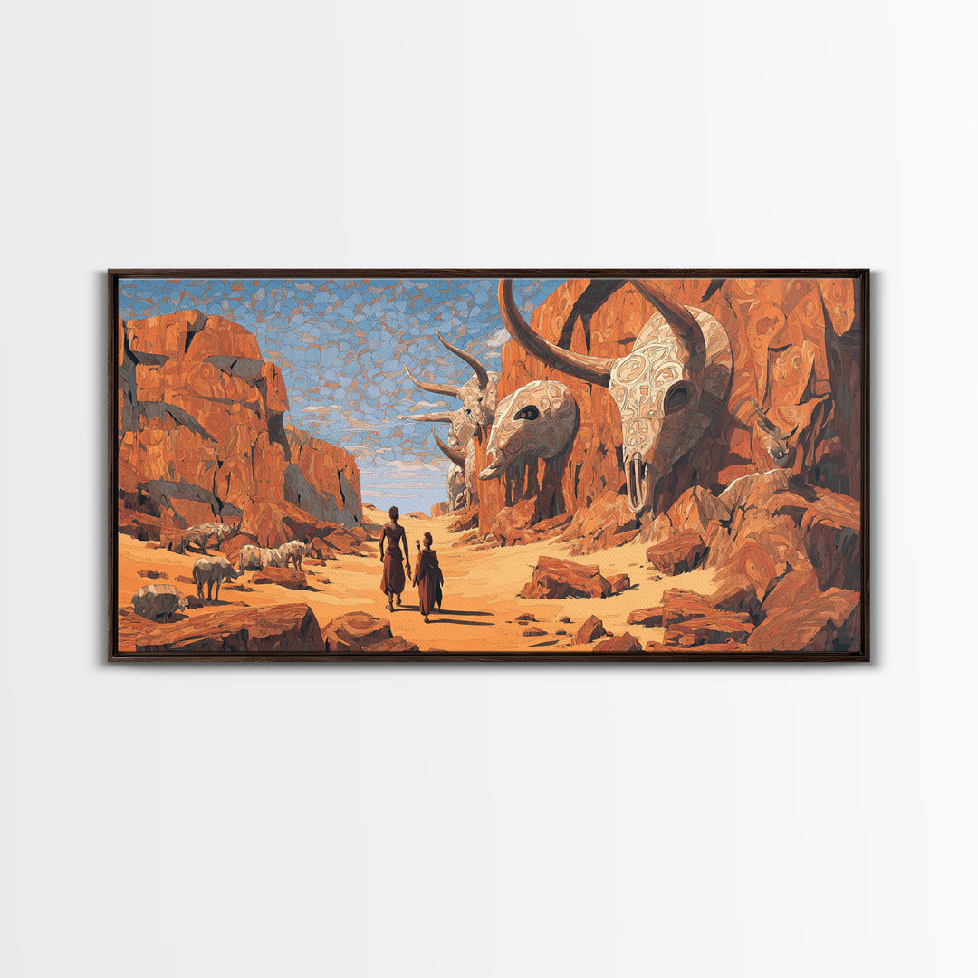 African Desert Canyon With Horned Skulls Wall Art, Tribal Journey Painting, African Warrior Art, Rustic Safari Decor Gift