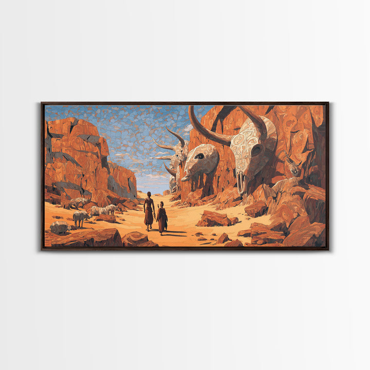 African Desert Canyon With Horned Skulls Wall Art, Tribal Journey Painting, African Warrior Art, Rustic Safari Decor Gift