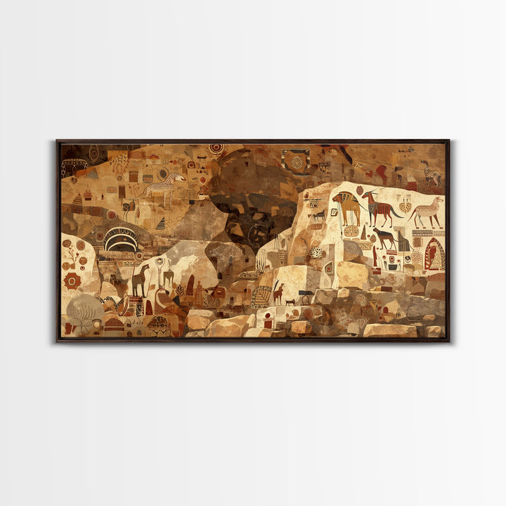 Ancient Sahara Cave Mural With Tribal Animals Wall Art African Safari Art, Earth Tone Cultural Decor For Living Room Statement Piece