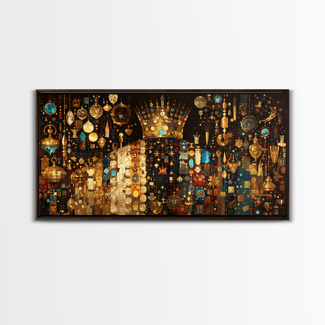 Jeweled African Queen In Gold And Turquoise Framed Canvas Print Black Goddess Art, Luxury Afrocentric Wall Decor Gift For Her