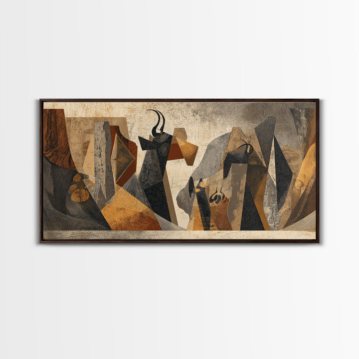 Abstract Tribal Women In Black And Gold Framed Canvas Print African Abstract Art, Modern Cubism Wall Decor For Entryway Gift