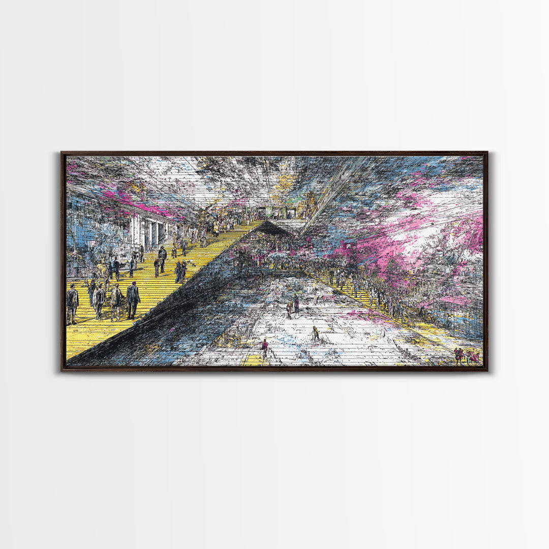 Futuristic City Transit Sketch With Yellow Stairs Wall Art, Urban Modern Art Print, Abstract Gallery Decor, Statement Canvas
