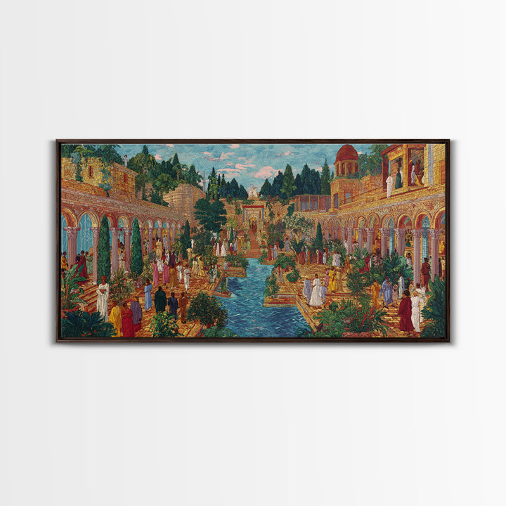Lush Palace Garden With Arches And Pool Framed Canvas Print, African Inspired Wall Art, Elegant Cultural Home Decor Gift