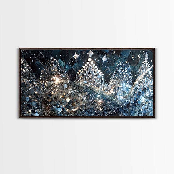 Jeweled Blue Silver Crowns And Stars Canvas Print, Abstract Wall Art, Luxury Black Gold Decor, Dreamy Modern Gallery Gift