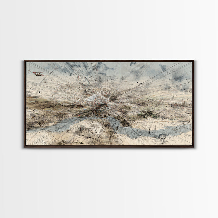 Abstract Desert Map Lines Over Sparse Landscape Wall Art, Modern Minimalist Art Print, Earth Tone Office Decor Canvas Gift