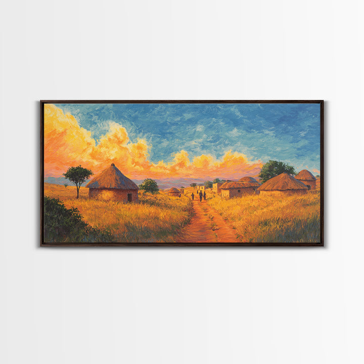 Golden Savanna Huts Under Brilliant Clouds Canvas Print, African Landscape Wall Art, Safari Decor, Motherland Home Art Gift