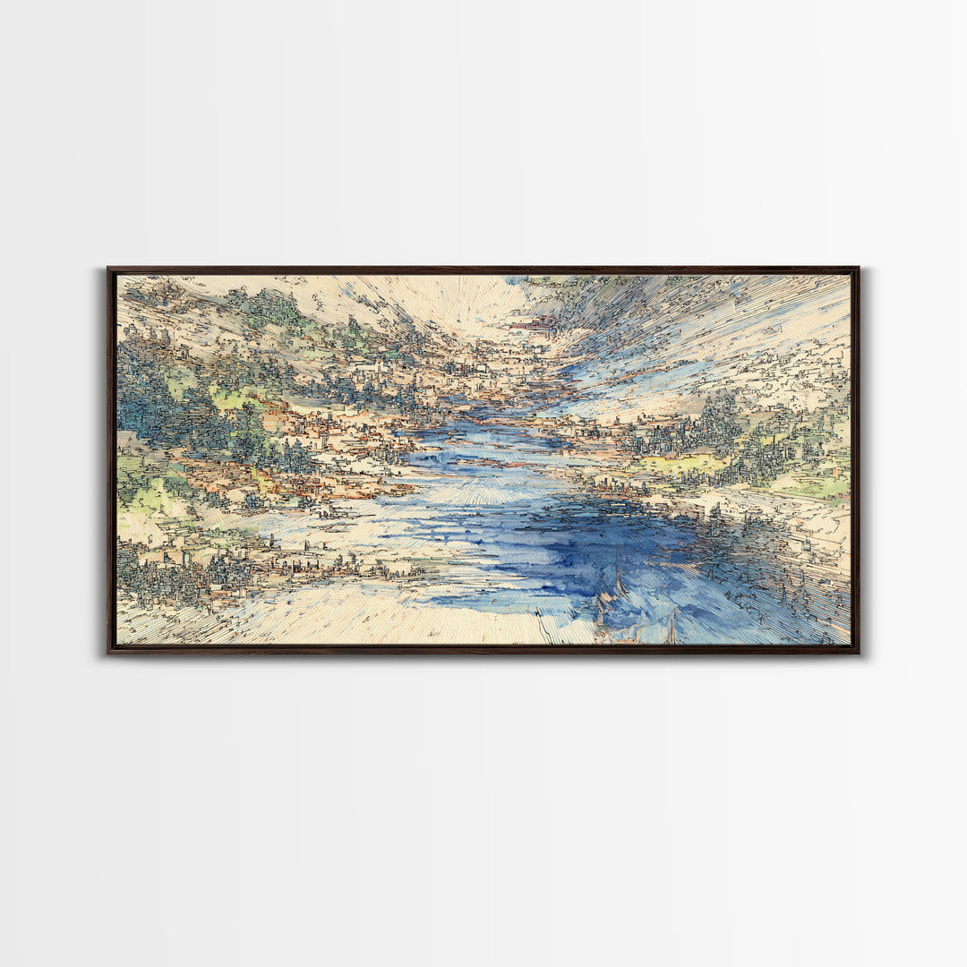 Blue Mountain Valley River And Villages Wall Art, African Landscape Art Print, Serene Nature Decor, Modern Canvas Home Gift