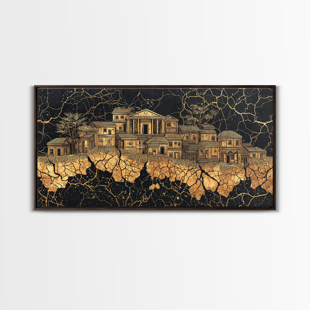 Golden Ancestral Palace On Cracked Stone, Luxury African Wall Art, Black Gold Architecture, Statement Living Room Decor Gift