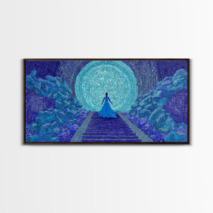 Blue Goddess Before Luminous Moon And Stone Stairway Framed Canvas Print, Mystical Wall Art, Spiritual Afrocentric Bedroom Decor Gift