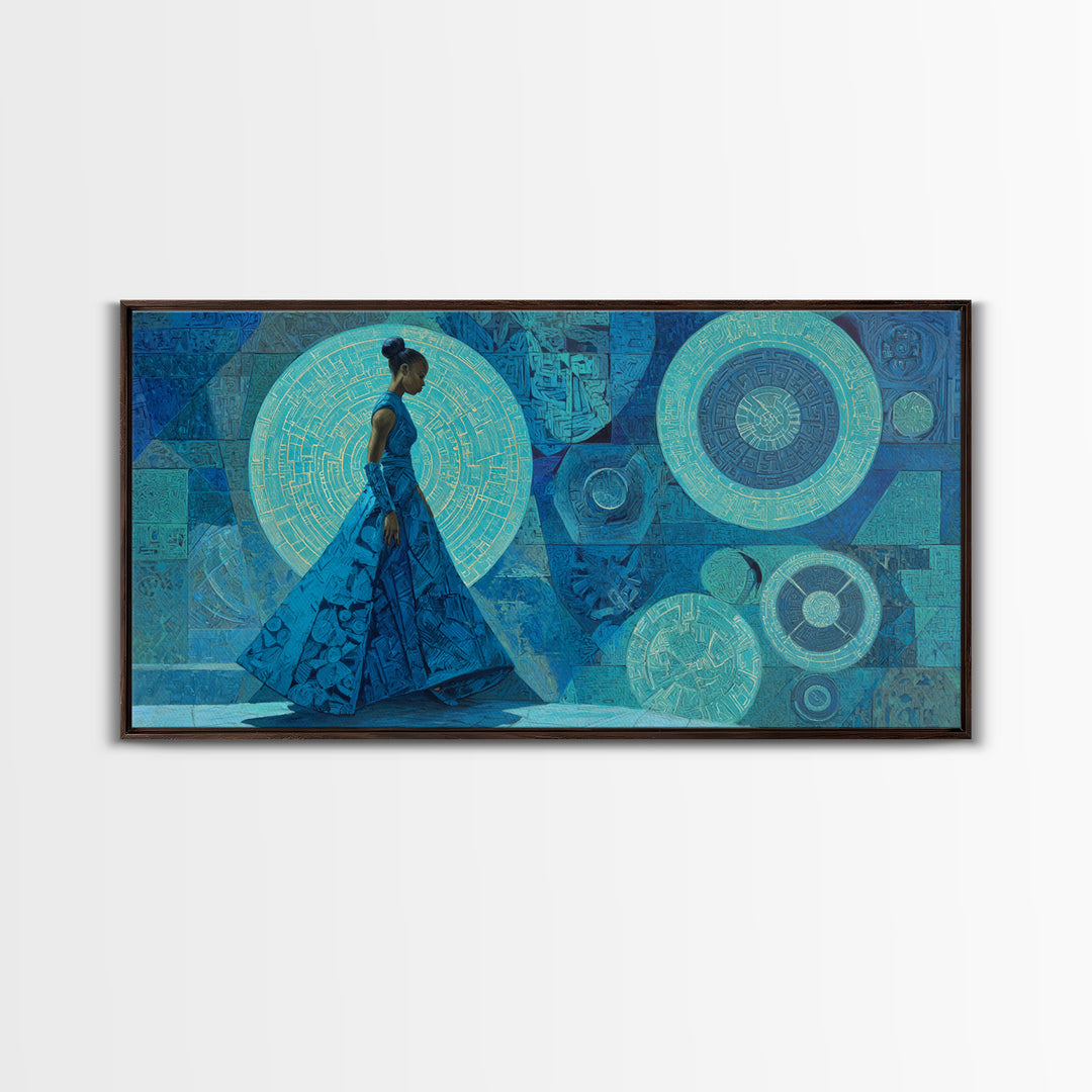 Blue Gown African Woman With Geometric Circles Canvas Print, Modern Afrocentric Wall Art, Elegant Feminine Home Decor Gift