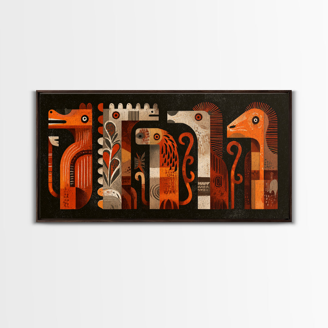 Orange Tribal Bird And Animal Figures Canvas Print, African Inspired Wall Art, Boho Geometric Safari Home Decor, Mid Century Gift